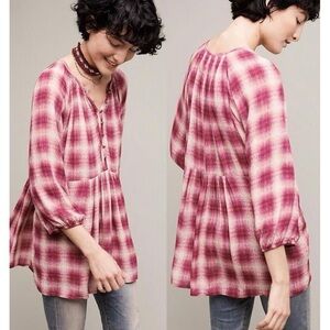 Anthropologie Maeve Cavalon Plaid Peasant Blouse in Maroon